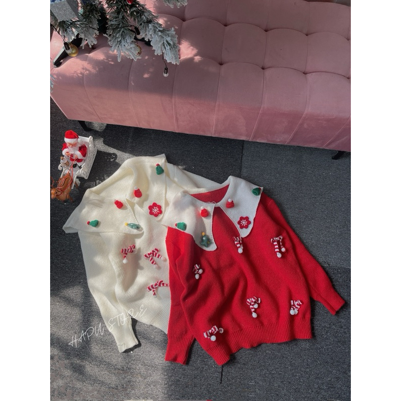 Áo Len Giáng Sinh Nữ , Áo Len Noel Cổ Bèo Đính Cherry Dễ Thương Phong Cách Hàn Quốc Siêu Xinh Cho Nữ