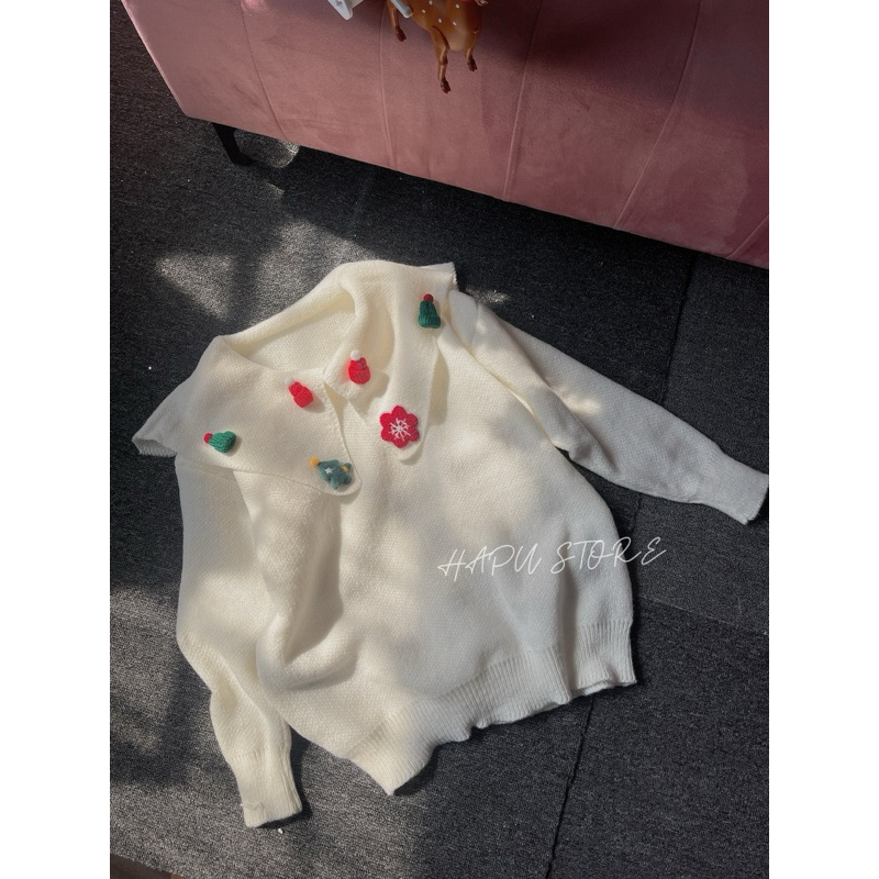 Áo Len Giáng Sinh Nữ , Áo Len Noel Cổ Bèo Đính Cherry Dễ Thương Phong Cách Hàn Quốc Siêu Xinh Cho Nữ