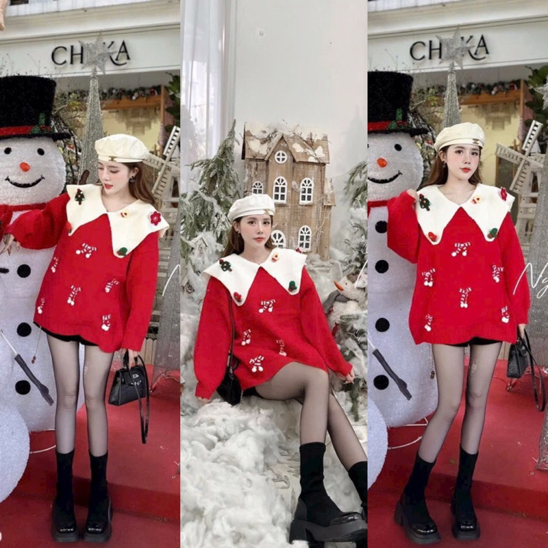 Áo Len Giáng Sinh Nữ , Áo Len Noel Cổ Bèo Đính Cherry Dễ Thương Phong Cách Hàn Quốc Siêu Xinh Cho Nữ