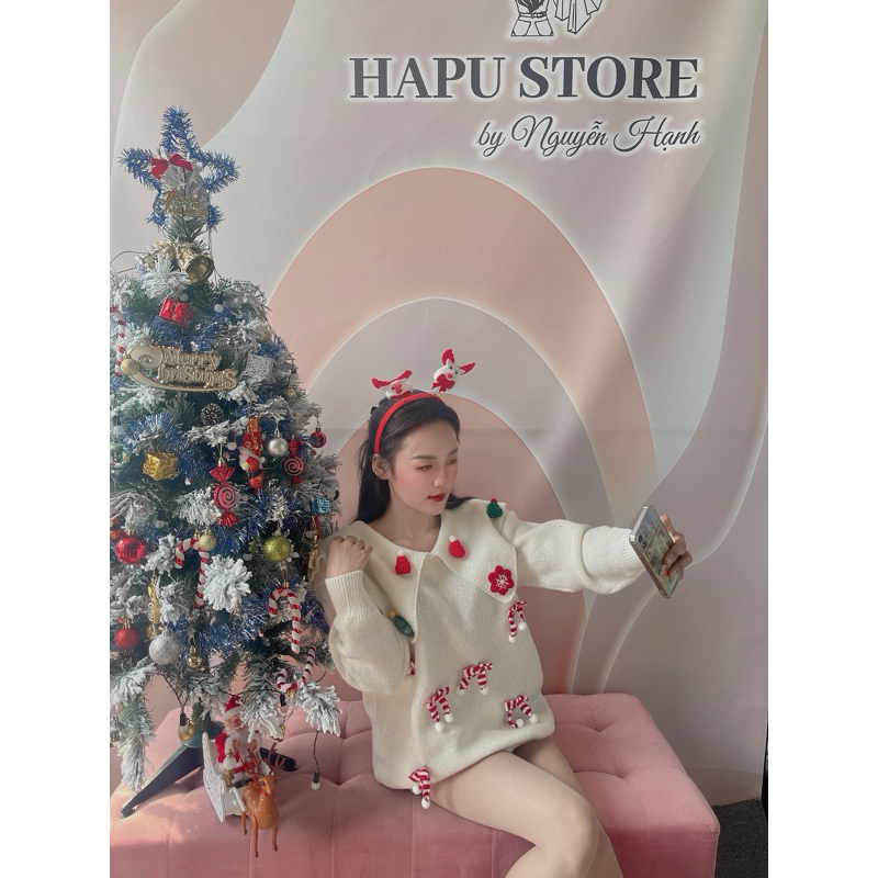 Áo Len Giáng Sinh Nữ , Áo Len Noel Cổ Bèo Đính Cherry Dễ Thương Phong Cách Hàn Quốc Siêu Xinh Cho Nữ