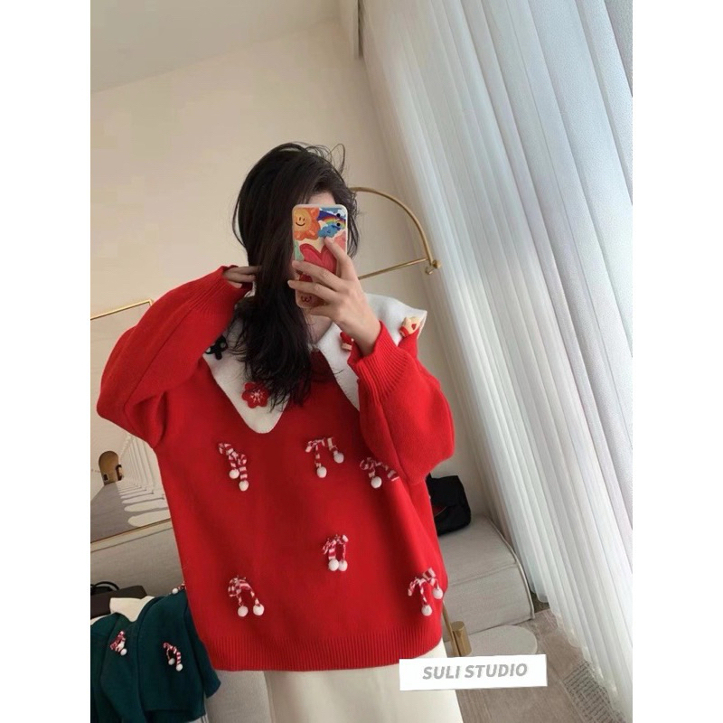 Áo Len Giáng Sinh Nữ , Áo Len Noel Cổ Bèo Đính Cherry Dễ Thương Phong Cách Hàn Quốc Siêu Xinh Cho Nữ