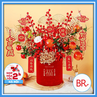 Sỉ Cành lựu đỏ cao cấp size đại 6 quả - Cành lựu đỏ phú quý, cành hoa giả trang trí nhà cửa sang trọng, may mắn, tài lộc