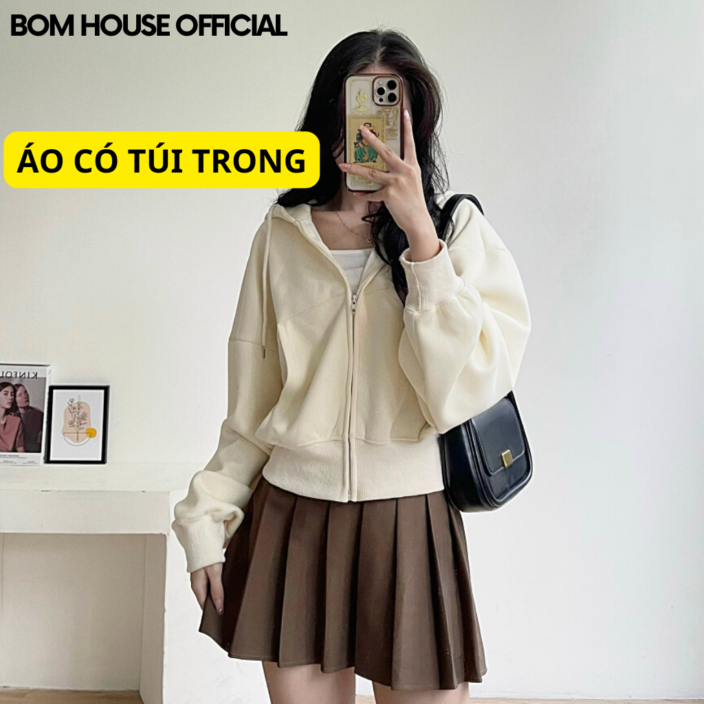 Áo Khoác Hoodie Croptop Local Brand Trơn Basic Có Túi Trong Dành Cho Nữ