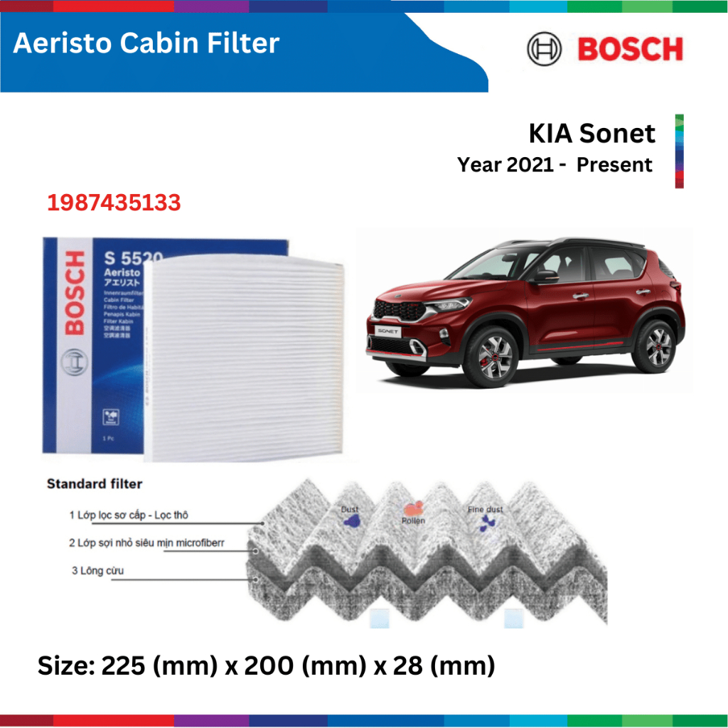 Lọc gió điều hòa BOSCH Aeristo 1987435133, KIA Sonet đời xe 2021 đến nay, lọc gió máy lạnh Sonet