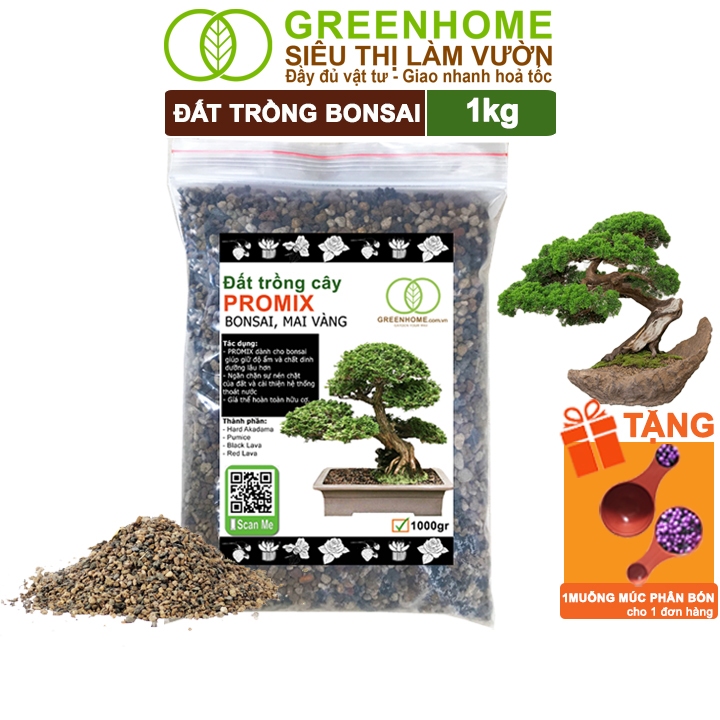 Đất Trồng Cây Bonsai Greenhome, Bao 1kg, Promix, Trộn Sẵn, Tiện Dụng, Giữ Ẩm Tốt, Thoáng Khí, Rễ Khoẻ, Thân To