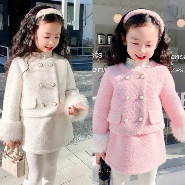 Set váy dạ phối tay lông cho bé gái hàng QCCC 2 màu trắng hồng phong cách Hàn Quốc đủ size từ 11kg đến 31kg