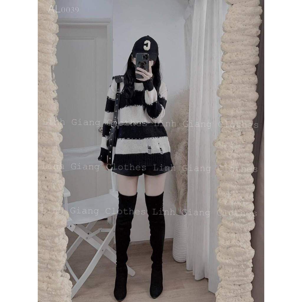 Áo Len Mỏng Mềm Mịn Dáng Rộng unisex, Áo len nam nữ kẻ đen trắng dài tay ulzzang