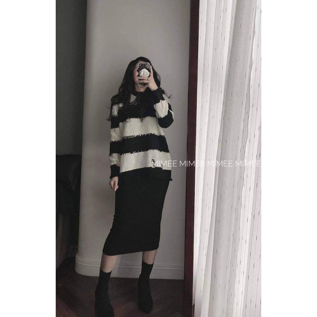 Áo Len Mỏng Mềm Mịn Dáng Rộng unisex, Áo len nam nữ kẻ đen trắng dài tay ulzzang