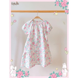 Đầm cotton muslin tay phồng hoa cỏ mùa xuân ECOBAMBI