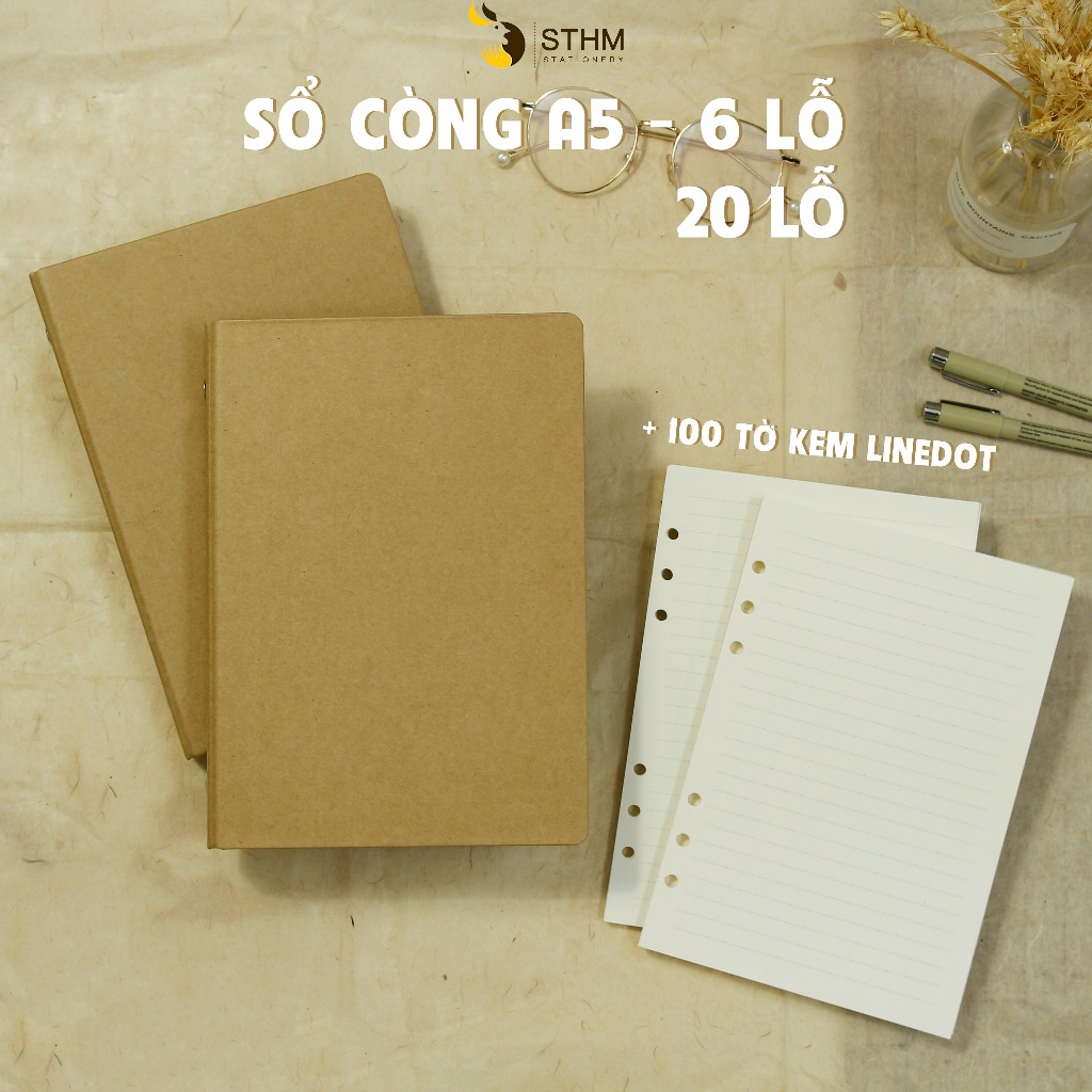 Sổ còng basic STHM bìa giấy Kraft - Kèm 100 tờ giấy ruột kẻ ngang - Khổ A5 - Dùng làm sổ tay, học tập, ghi chép, bujo
