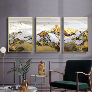 Bộ 3 tranh trừu tượng rừng vàng biển bạc chất liệu tráng gương sáng đẹp.