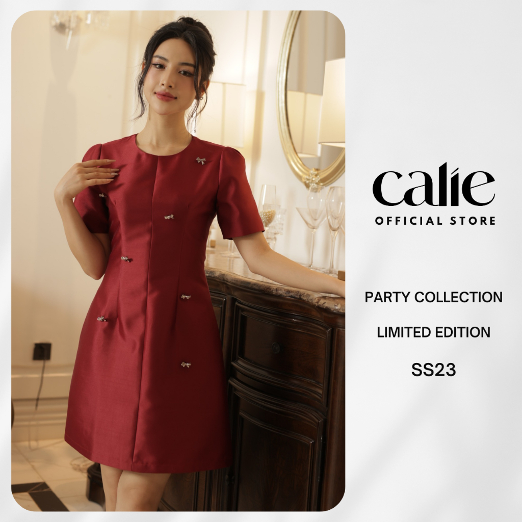 Đầm Dự Tiệc Thiết Kế CALIE Dáng A Đính Nơ Đá, Thiết Kế Dáng Dài Xòe, Tay Lỡ Thắt Eo Thanh Lịch VA361