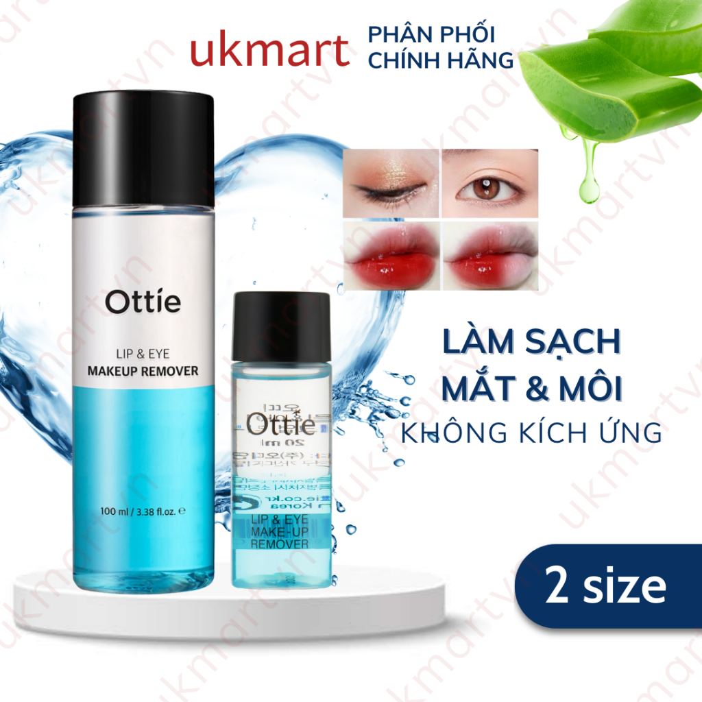 Tẩy Trang Mắt Môi Ottie Lip ＆ Eye Makeup Remover - Nước Tẩy Trang Sạch Sâu Bụi Bẩn Lớp Trang Điểm 20ml - 100ml