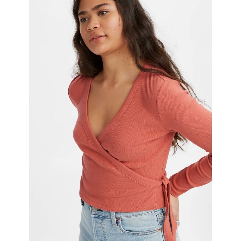 Áo len tăm tay dài Levi's vnxk áo crop top chéo ngực V cột eo Levi xuất khẩu dư xịn
