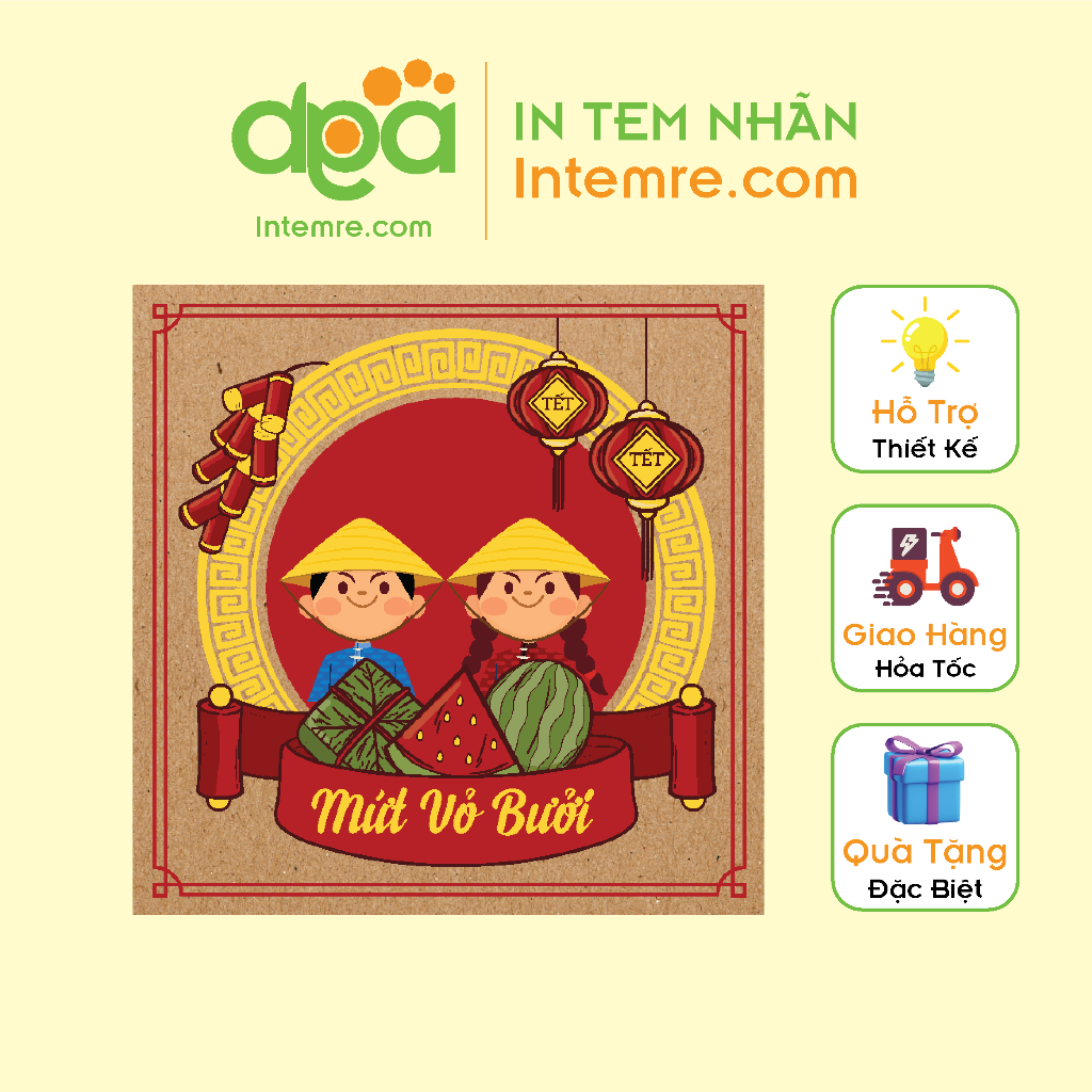 Sẳn 38 Tem, Decan Giấy Kraft - Da Bò Dán Các Loại Mứt Tết, Chúc Mừng Năm Mới Intemre.com - Kích Thước: 5x5cm Vuông