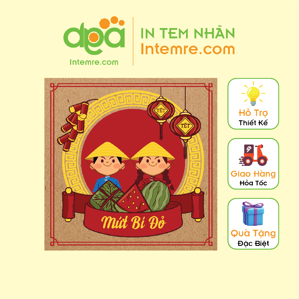 Sẳn 38 Tem, Decan Giấy Kraft - Da Bò Dán Các Loại Mứt Tết, Chúc Mừng Năm Mới Intemre.com - Kích Thước: 5x5cm Vuông