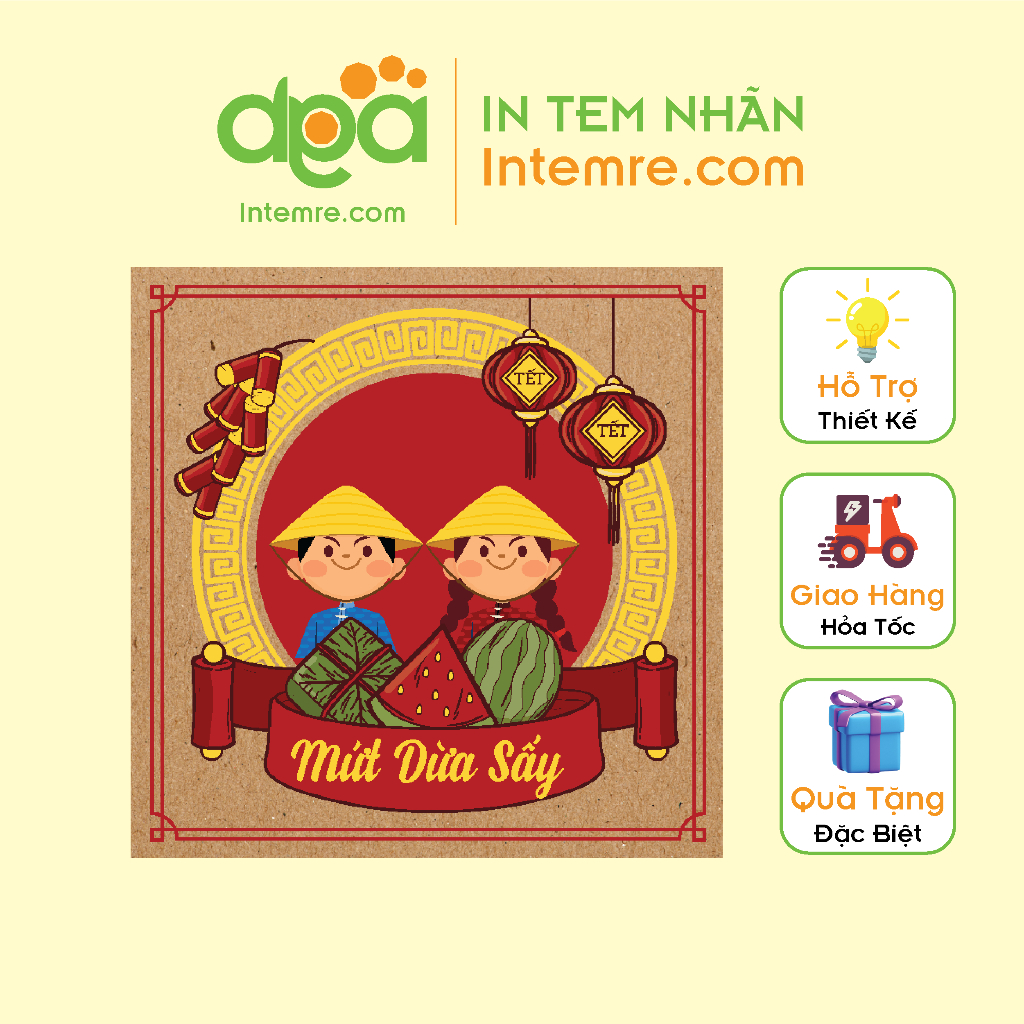 Sẳn 38 Tem, Decan Giấy Kraft - Da Bò Dán Các Loại Mứt Tết, Chúc Mừng Năm Mới Intemre.com - Kích Thước: 5x5cm Vuông