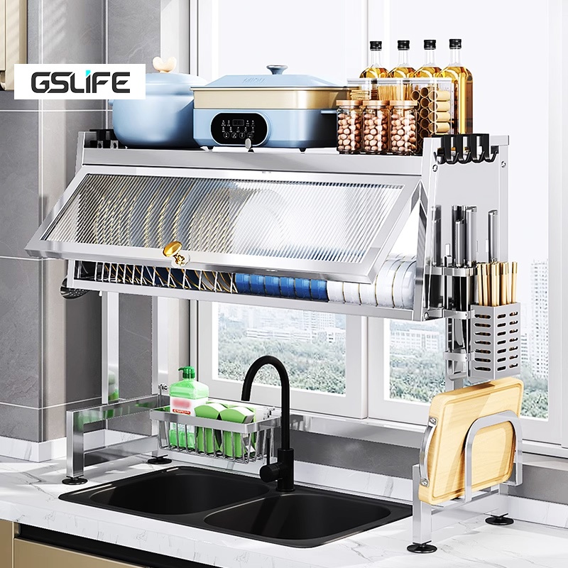 GSlife Kệ Để Chén Đĩa INOX Có Nắp Đậy Thông Minh Trên Bồn Rửa Bát, Kệ Tủ Nhà Bếp 2 Tầng