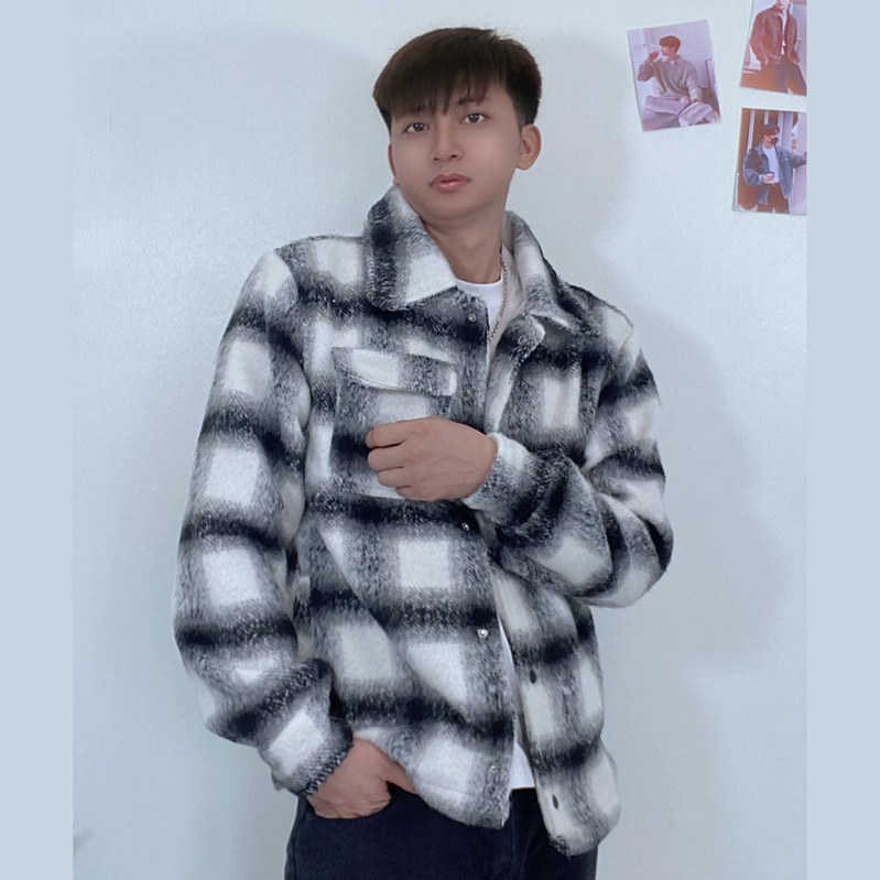 Áo Khoác Dạ Lông Nam Nữ Sọc Caro, Áo Len Form Rộng Cúc Bấm Cổ Bẻ Unisex Hem Fashion