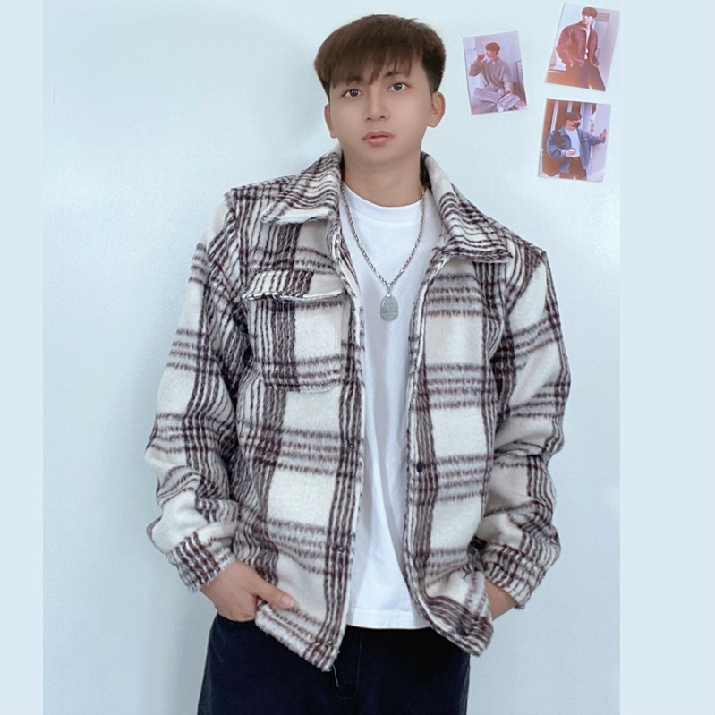 Áo Khoác Dạ Lông Nam Nữ Sọc Caro, Áo Len Form Rộng Cúc Bấm Cổ Bẻ Unisex Hem Fashion