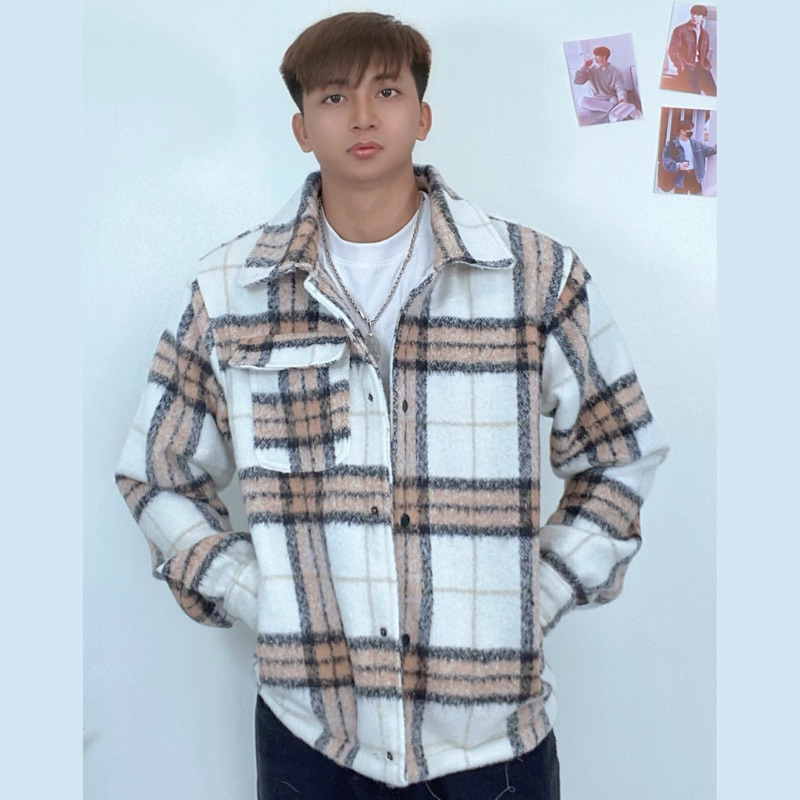 Áo Khoác Dạ Lông Nam Nữ Sọc Caro, Áo Len Form Rộng Cúc Bấm Cổ Bẻ Unisex Hem Fashion