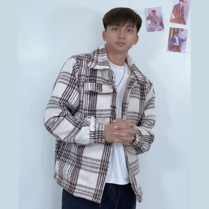 Áo Khoác Dạ Lông Nam Nữ Sọc Caro, Áo Len Form Rộng Cúc Bấm Cổ Bẻ Unisex Hem Fashion