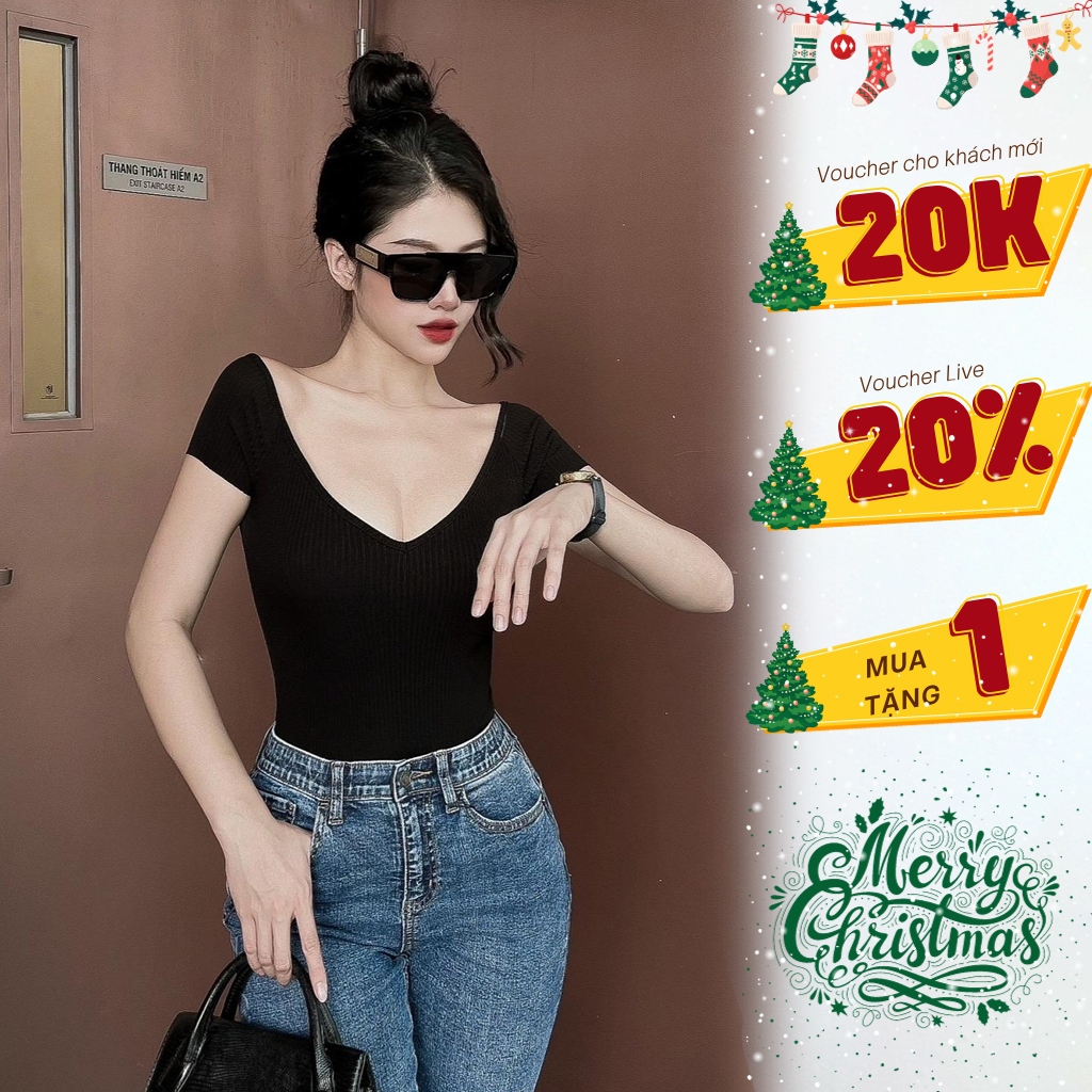 Áo thun cổ V khoét sâu cộc tay nữ, ôm sát cao cấp cotton - Phong cách trẻ trung, quyến rũ BELLA TOP