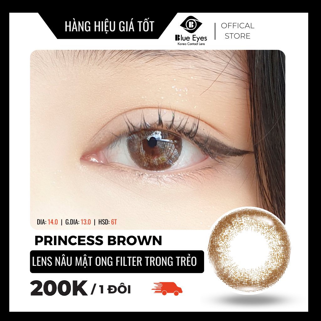 Kính áp tròng Princess Brown Blue Eyes, dòng lens cận sử dụng sáu tháng, giãn tròng vừa, màu nâu mật ong PRI-BR