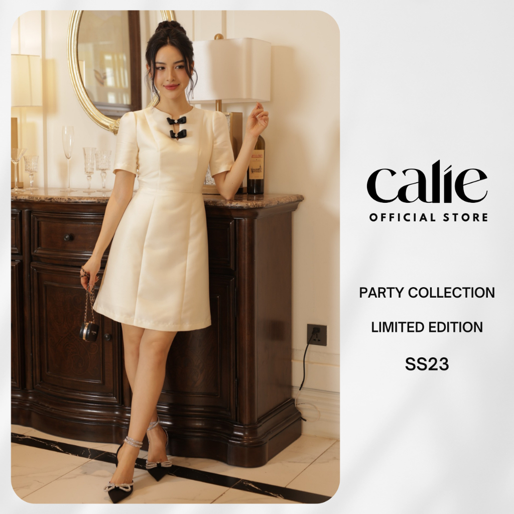 Đầm Dự Tiệc Thiết Kế CALIE Cổ V Đính Nơ Sang Trọng, Thiết Kế Dáng Dài Xòe, Tay Lỡ Thắt Eo Thanh Lịch VA362