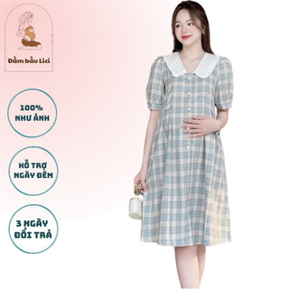 Váy suông dáng dài bà bầu cổ sen, đầm bầu công sở chất thô hàn không nhăn siêu mát