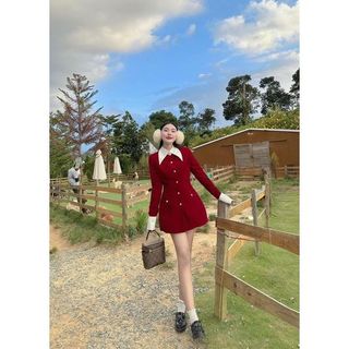 🌷Đầm nhung đỏ cổ peter trắng +quần short