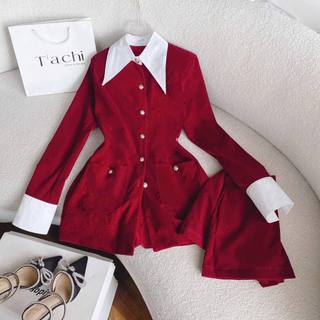 🌷Đầm nhung đỏ cổ peter trắng +quần short