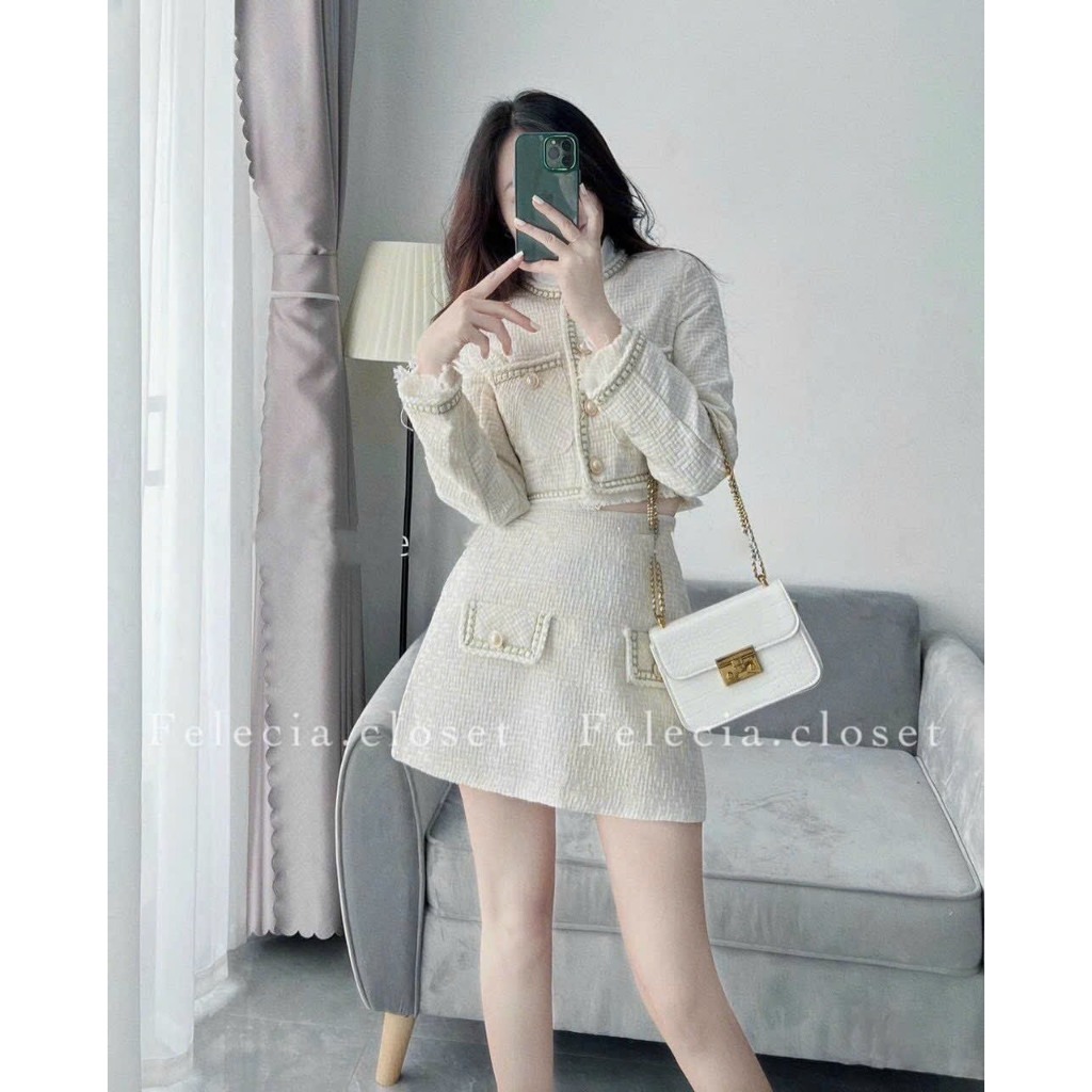 Sét Dạ Tweet Chạy Viền Khuy Ngọc Túi Nắp Mix Chân Váy A Ngắn Sang Trọng