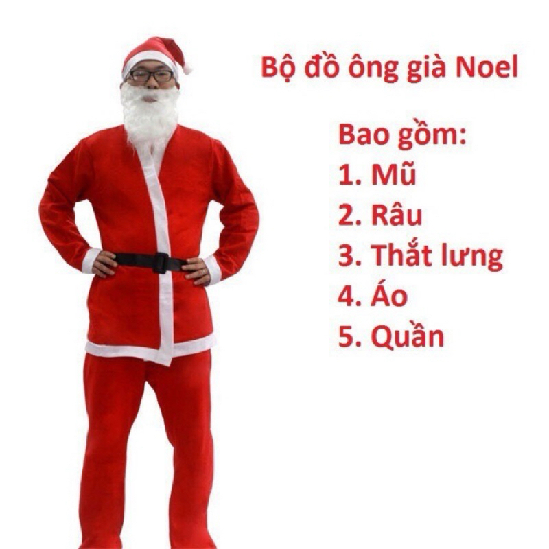Bộ ông già Noel 5-7 món quần áo mũ râu đai túi  giày/ bộ noel nhung nỉ hóa trang ông già Noeta