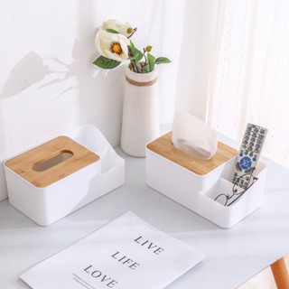 Hộp đựng giấy ăn để bàn màu trắng nắp vân gỗ decor siêu xinh My Home DN244