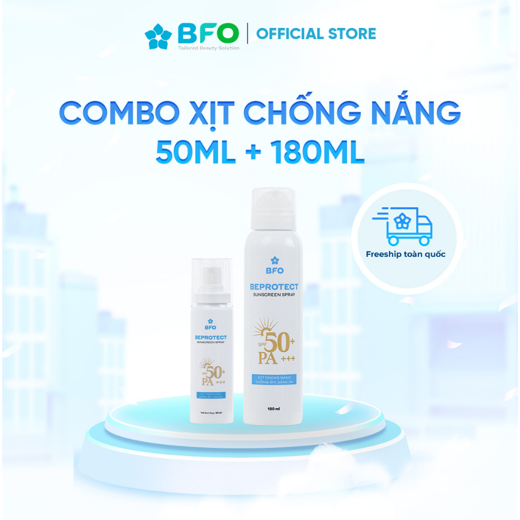 Combo Xịt chống nắng Beprotect Sunscreen Spray 50ml (Đồng) + Xịt chống nắng Beprotect Sunscreen Spray 180ml (Đồng)