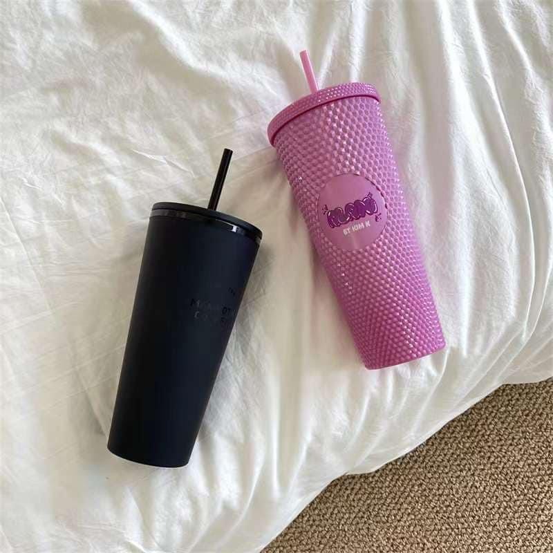 Ly giữ nhiệt Mammoth Hàn 700ml, cốc nhựa PS hai màu hồng đen kèm ống hút Qiamto