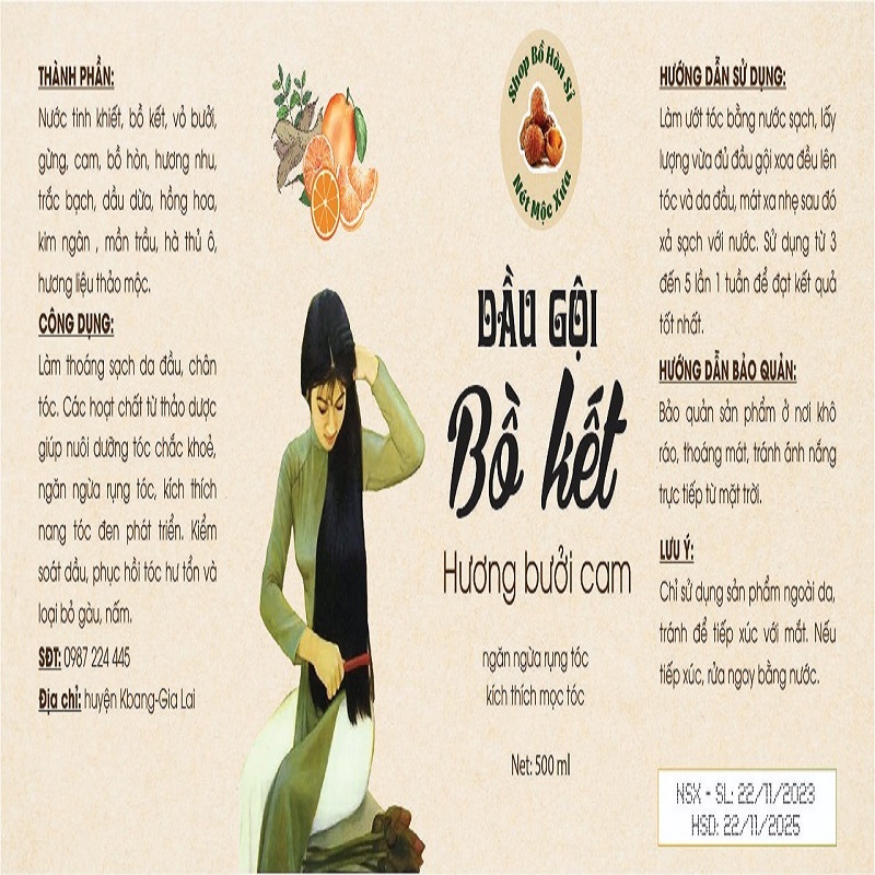 Dầu gội bồ kết cô đặc HƯƠNG BƯỞI CAM, kích thích mọc tóc, giảm rụng