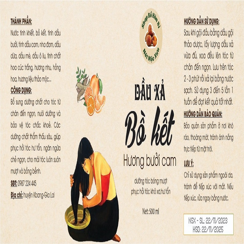 Dầu gội bồ kết cô đặc HƯƠNG BƯỞI CAM, kích thích mọc tóc, giảm rụng