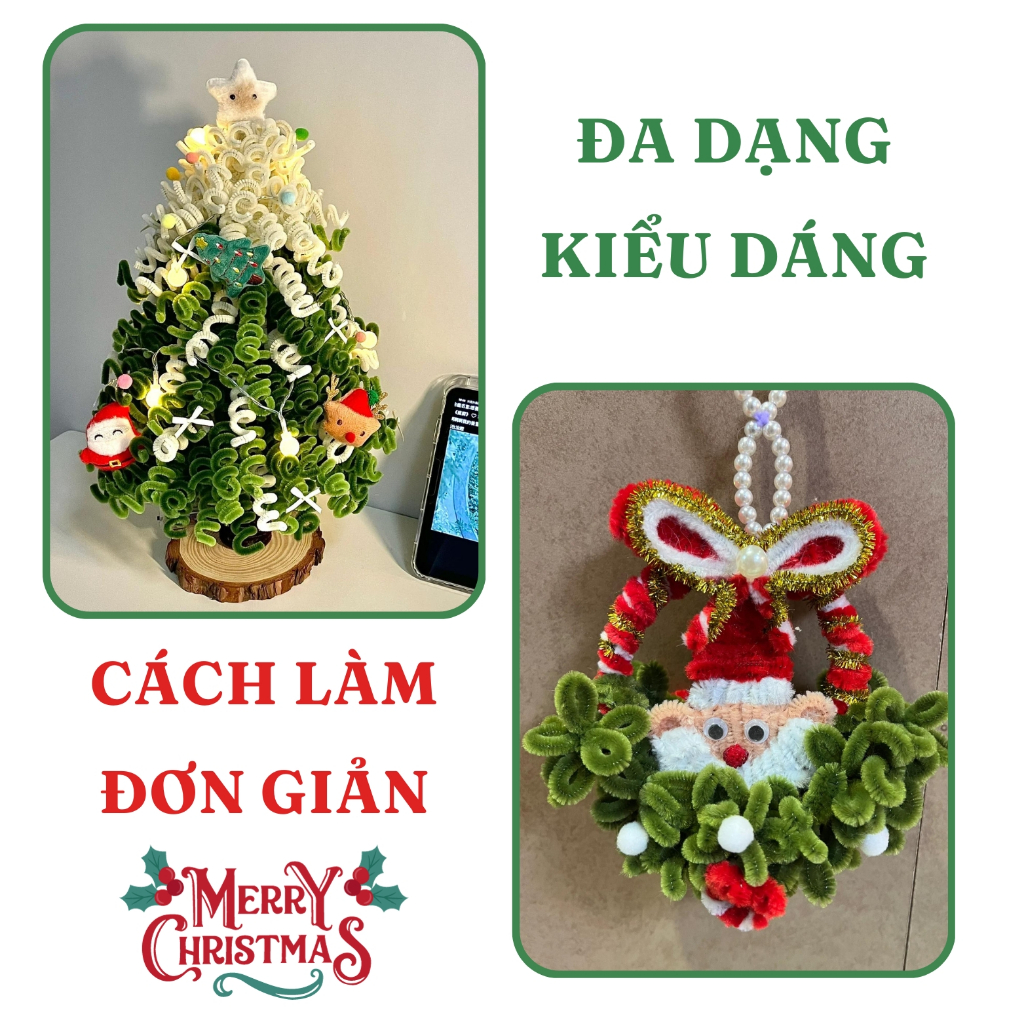 Set nguyên liệu làm cây thông Noel kẽm nhung có đèn - Bộ phụ kiện DIY làm quà tặng, trang trí Giáng Sinh