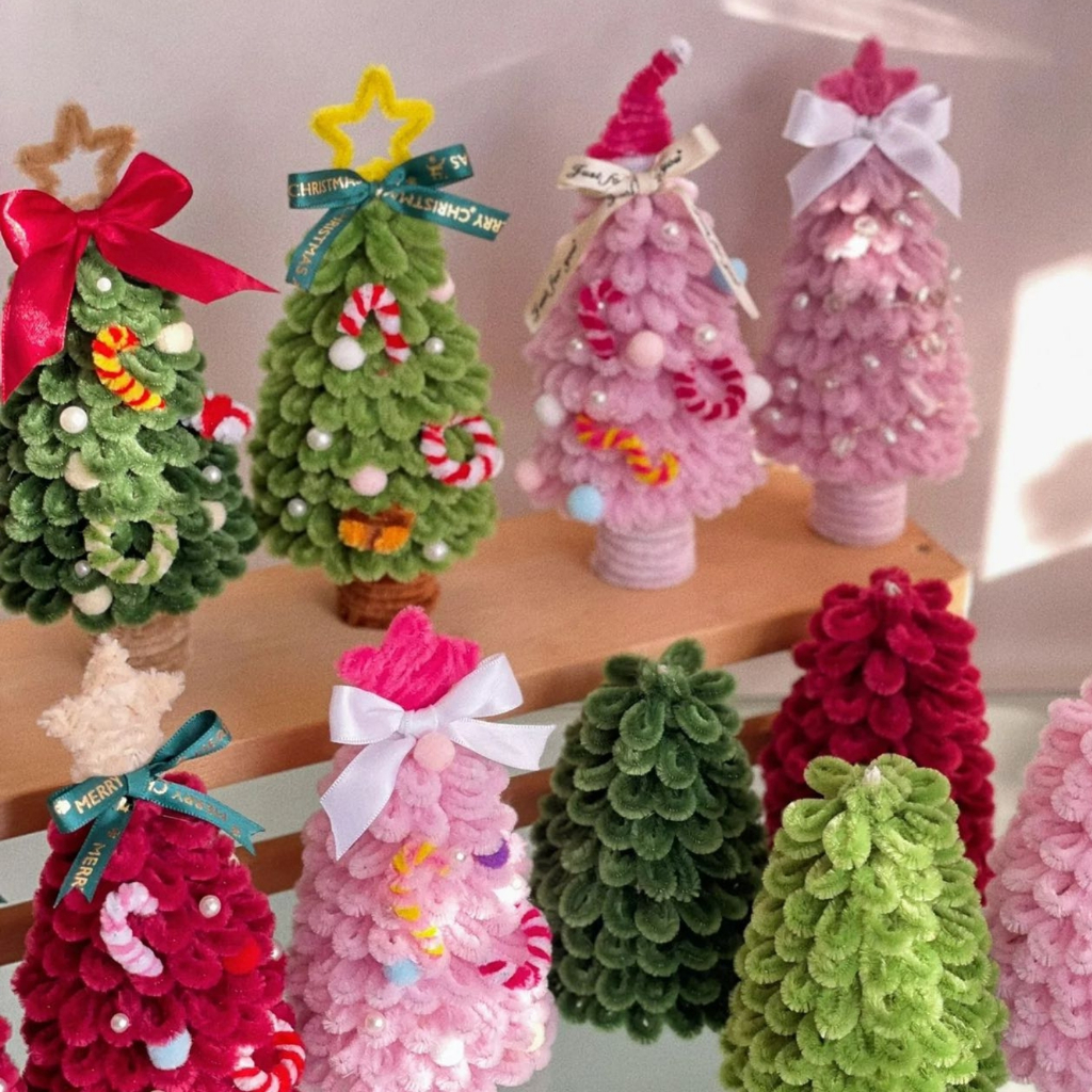 Set nguyên liệu làm cây thông Noel kẽm nhung có đèn - Bộ phụ kiện DIY làm quà tặng, trang trí Giáng Sinh