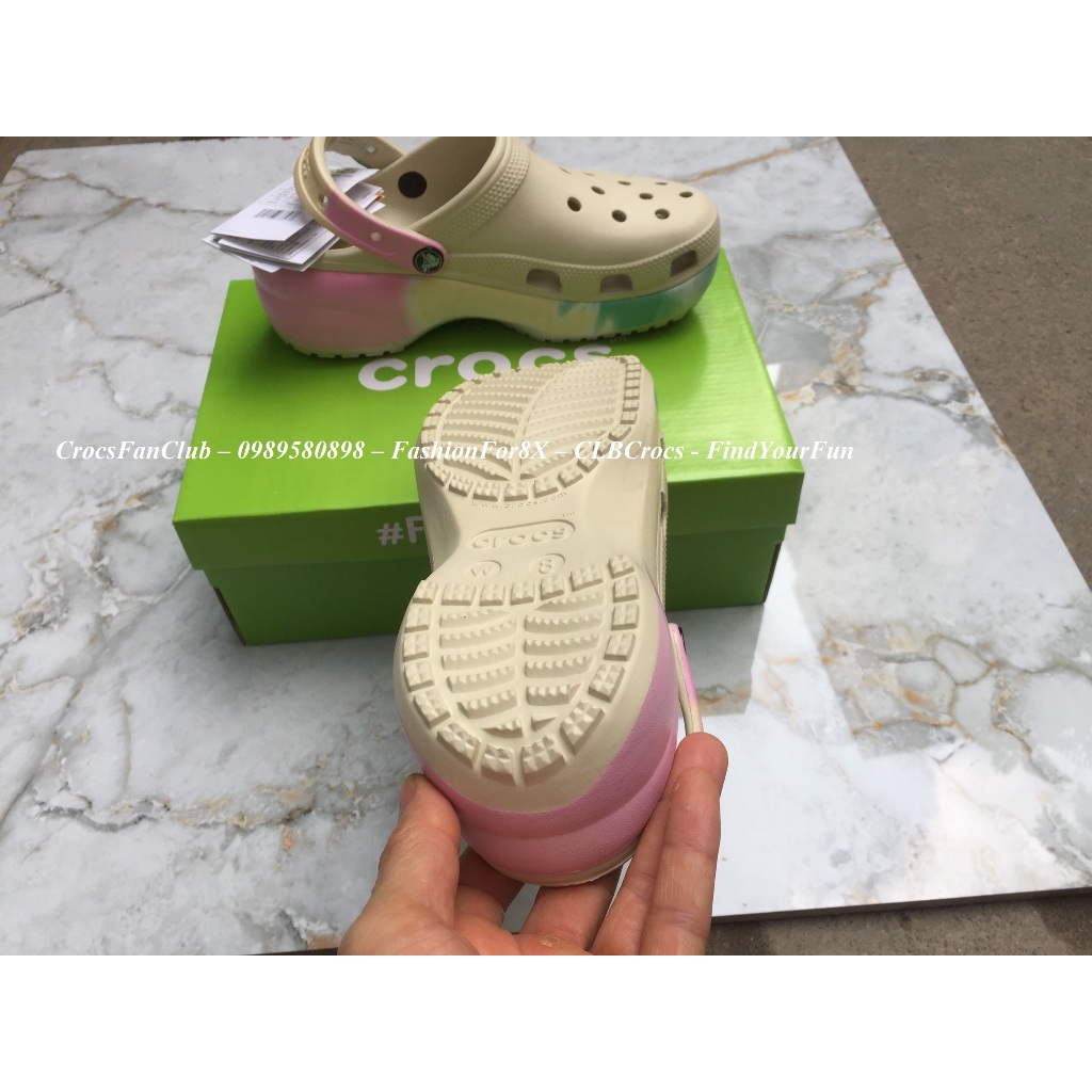CROCS - Sục classic đế cao gót hồng cho nữ, đế cao 5cm - PB213, tặng 6 charm