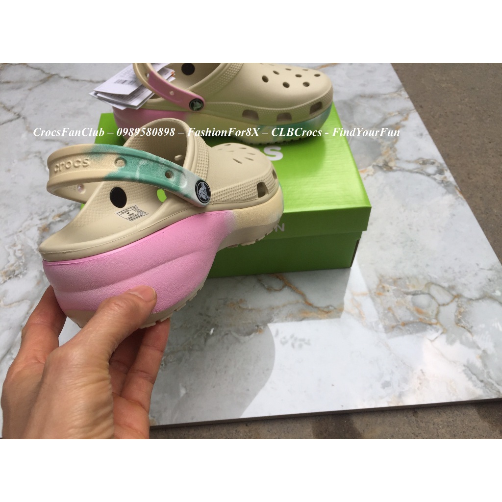 CROCS - Sục classic đế cao gót hồng cho nữ, đế cao 5cm - PB213, tặng 6 charm