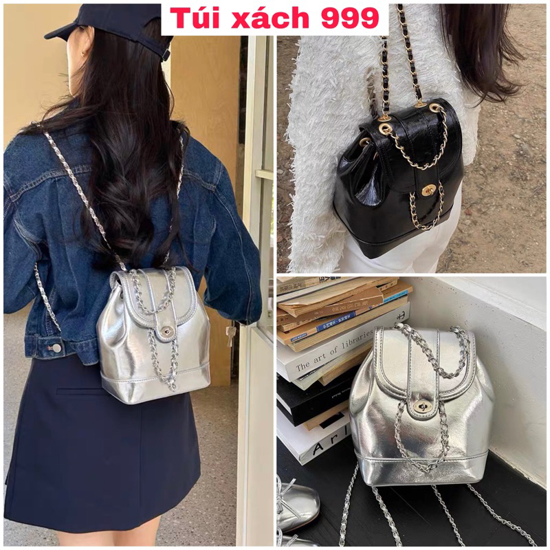 Balo mini nữ rút miệng size 21cm chất da PU không nhăn balo nhỏ đi học đi chơi màu bạc khóa xoay dây xích