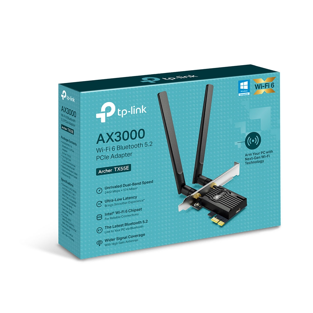 Cạc mạng không dây TP-Link PCI-E Archer TX55E (Chuẩn AX/ AX3000Mbps/ 2 Ăng-ten ngoài/ Bluetooth)