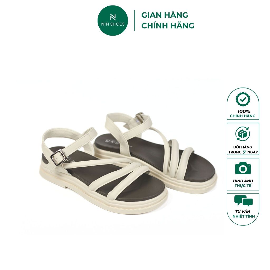 Dép sandal nữ đế thấp dây đan chéo màu kem cao 4 cm Ninshoes Dép dây mũi tròn quai ngang khoá cài hông hot nhất năm 2023