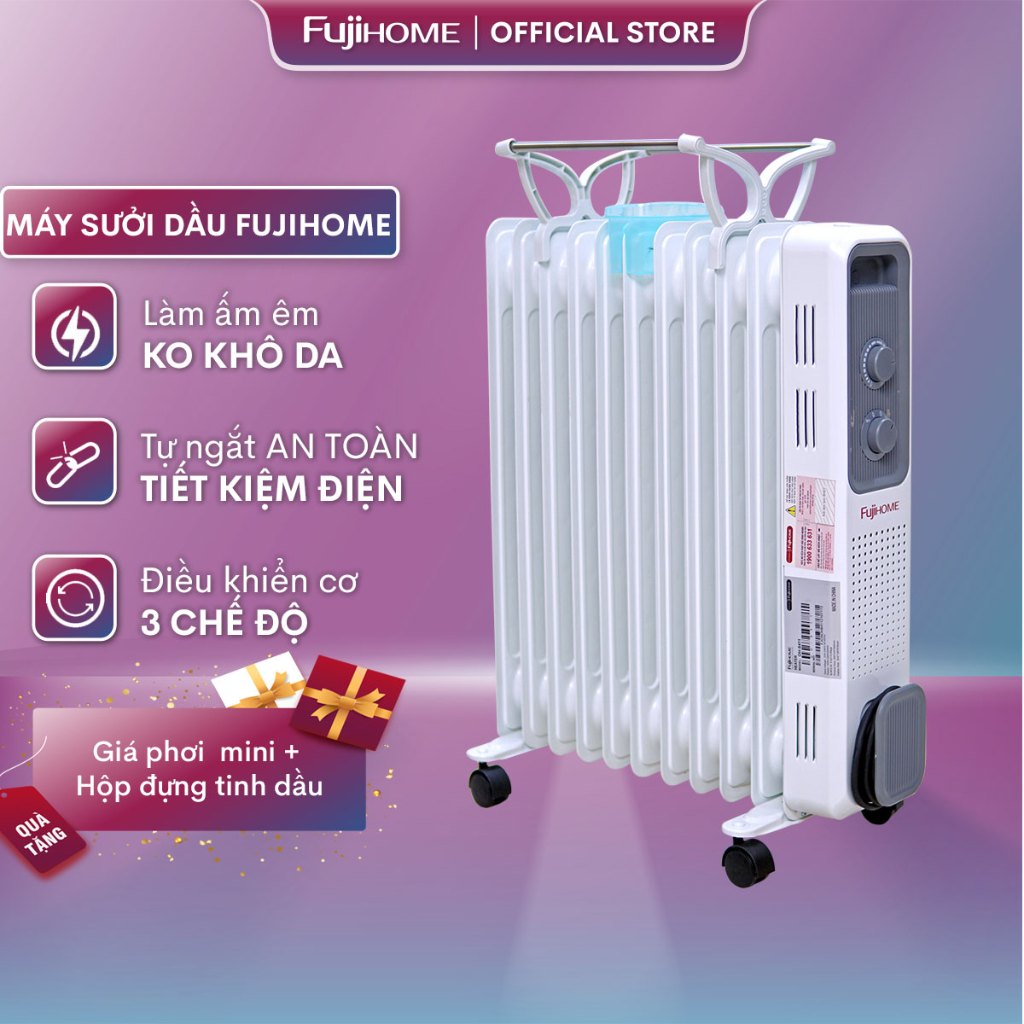 Máy sưởi dầu Nhật Bản nhâp khẩu không khô da Fujihome 11 thanh sưởi, tự ngắt an toàn tiết kiệm điện