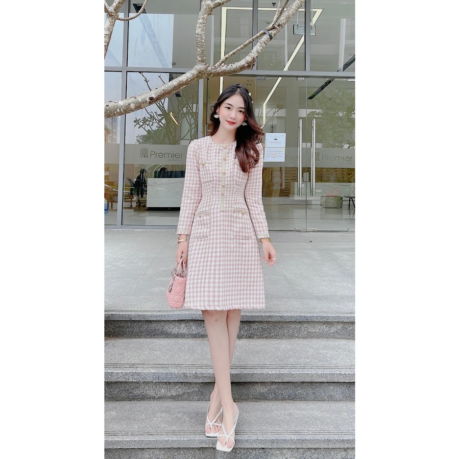 Váy dạ dài tay túi nổi khóa sau