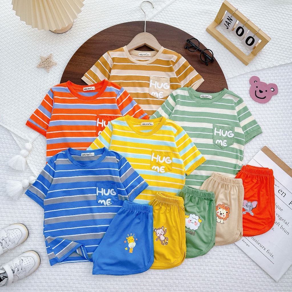 BỘ tay cộ quần đùi vải thun lạnh minky mon áo sọc quần trơn cho bé size 8-26kg