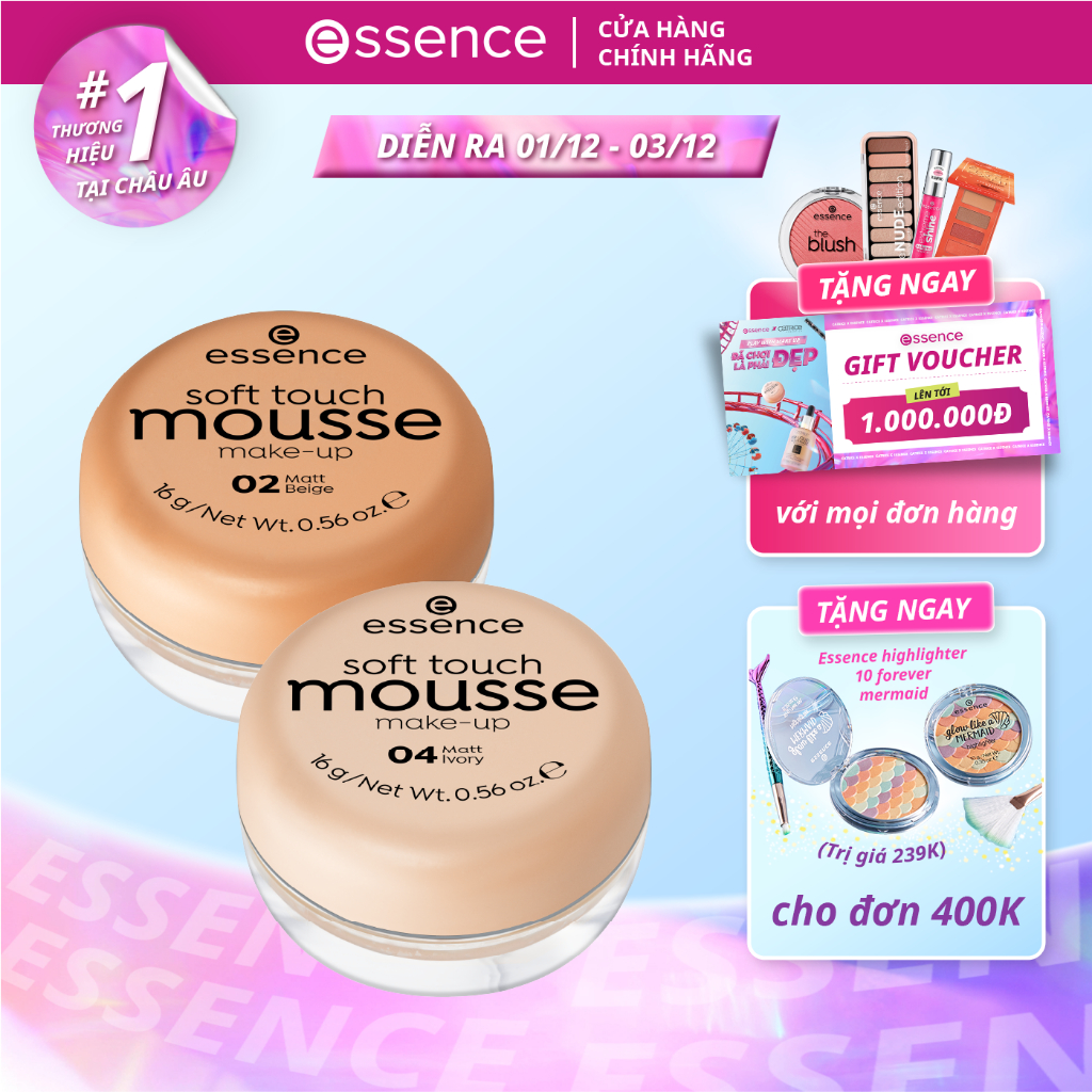 Phấn tươi Essence Soft Touch Mousse Makeup Đức che khuyết điểm chất kem mỏng nhẹ tự nhiên 16g